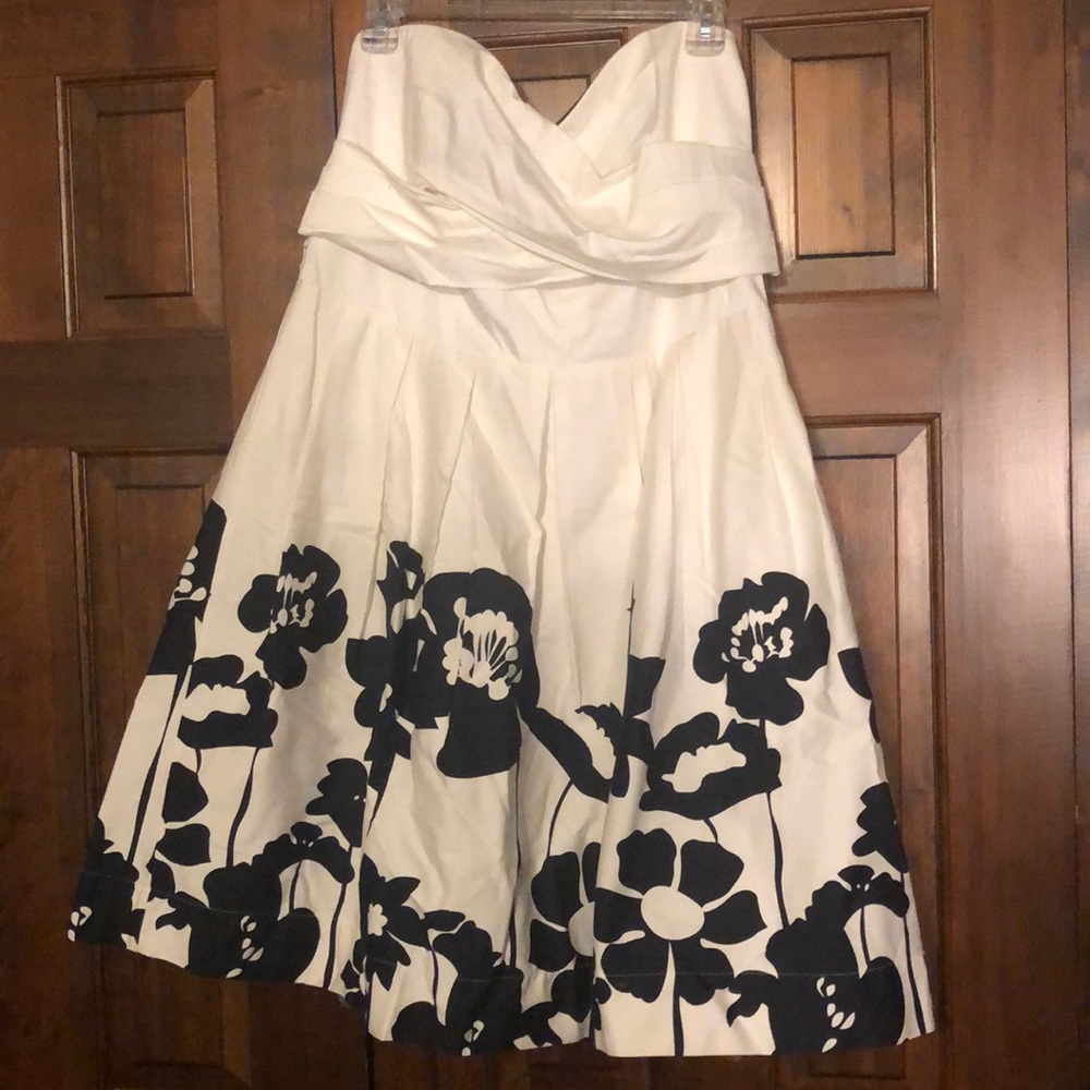 White & Navy Floral Strapless Dress